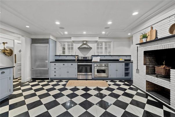 Fireplace, Interior, Kitchen, Recessed Lighting, Stainless Steel Appliances