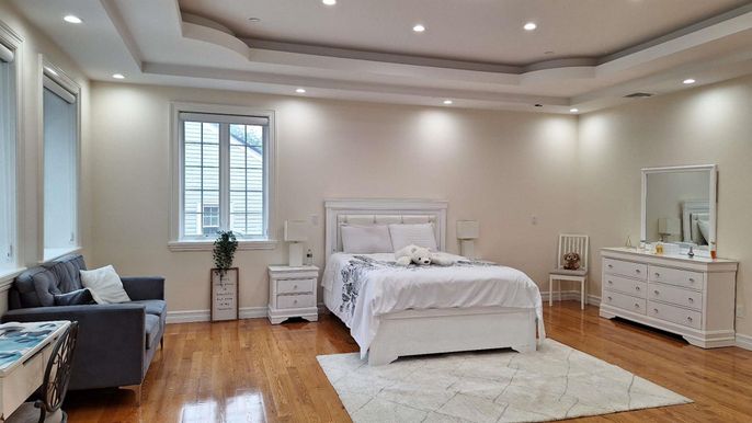 Bedroom, Interior, Recessed Lighting, Wood Texture Flooring