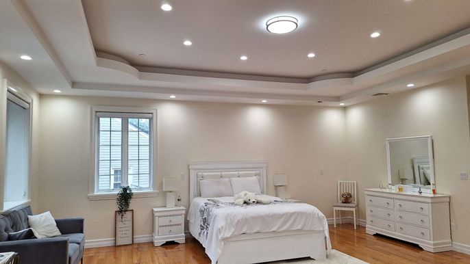 Bedroom, Interior, Recessed Lighting, Wood Texture Flooring