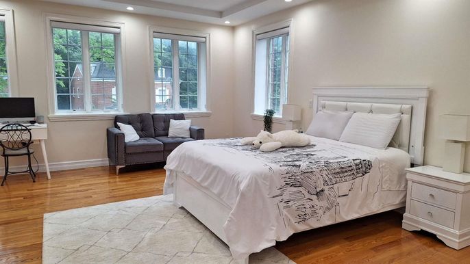 Bedroom, Interior, Recessed Lighting, Wood Texture Flooring