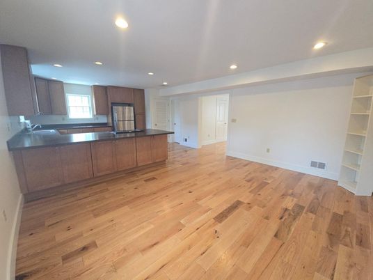 Empty room, Interior, Kitchen, Recessed Lighting, Wood Texture Flooring