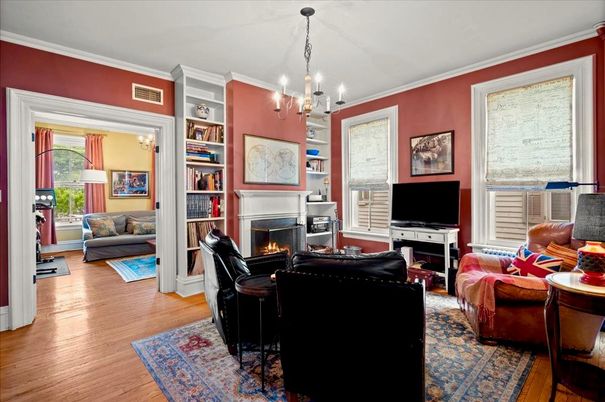 Fireplace, Interior, Living room, Pendant Lights, Wood Texture Flooring