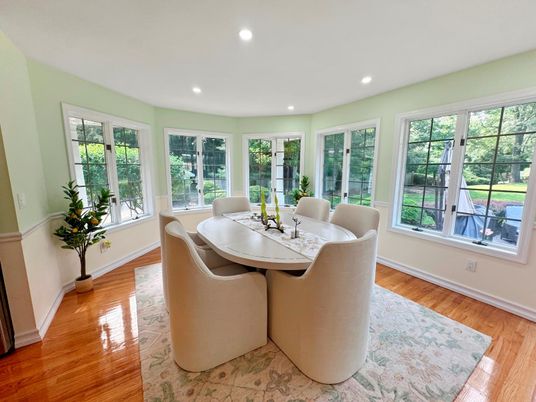 Dining room, Interior, Recessed Lighting, Wood Texture Flooring