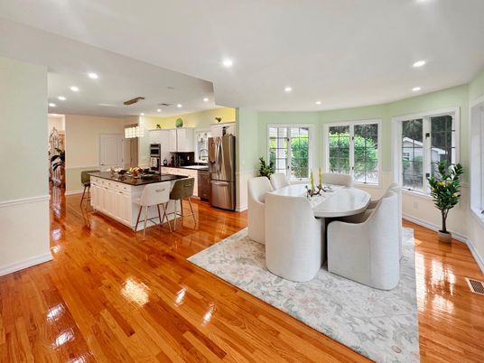 Dining room, Interior, Kitchen, Recessed Lighting, Stainless Steel Appliances, Wood Texture Flooring