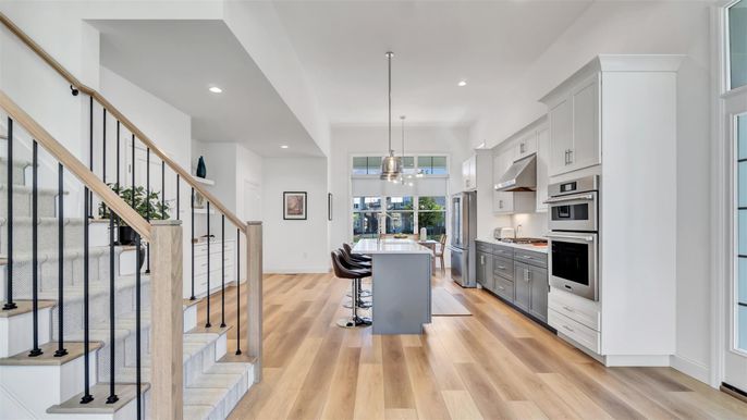 Interior, Kitchen, Pendant Lights, Recessed Lighting, Stainless Steel Appliances, Wood Texture Flooring