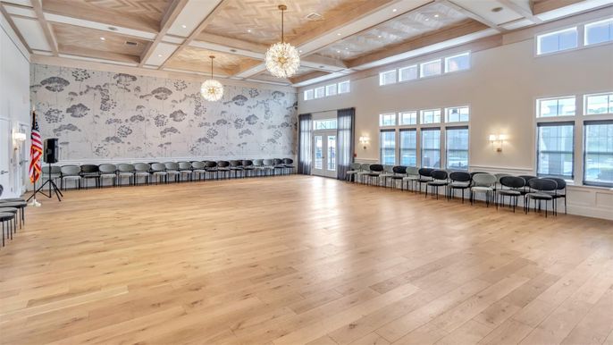 Chandelier, Empty room, Interior, Recessed Lighting, Wood Texture Flooring