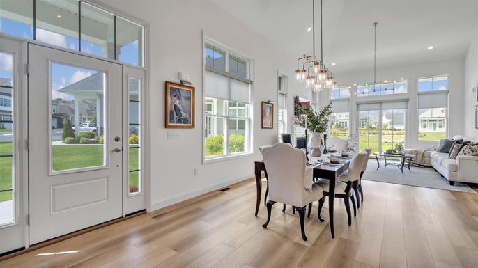 Dining room, Interior, Living room, Pendant Lights, Recessed Lighting, Wood Texture Flooring
