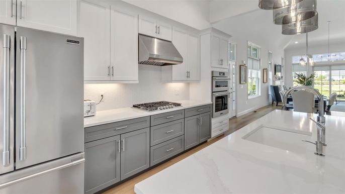 Dining room, Interior, Kitchen, Marble, Pendant Lights, Stainless Steel Appliances, Wood Texture Flooring