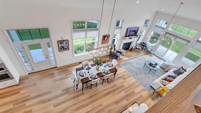 Dining room, Fireplace, Interior, Living room, Pendant Lights, Recessed Lighting, Wood Texture Flooring