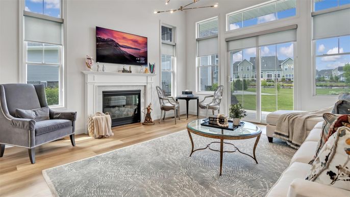 Fireplace, Interior, Living room, Sun Room, Wood Texture Flooring