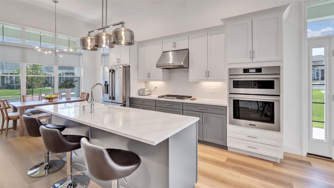 Interior, Kitchen, Pendant Lights, Stainless Steel Appliances, Wood Texture Flooring
