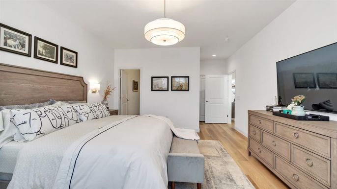 Bedroom, Interior, Pendant Lights, Recessed Lighting, Wood Texture Flooring