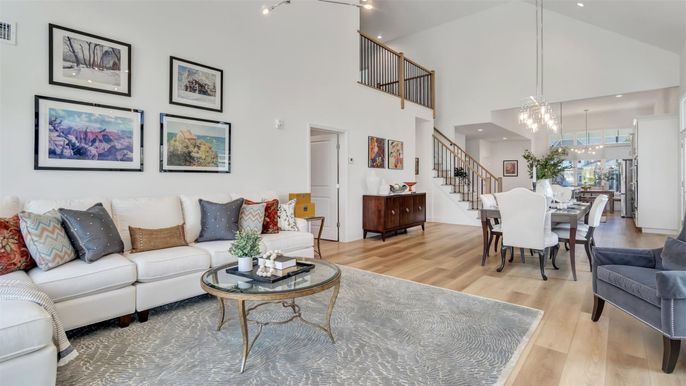 Dining room, Interior, Living room, Pendant Lights, Recessed Lighting, Wood Texture Flooring