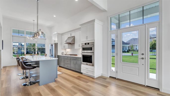 Interior, Kitchen, Pendant Lights, Recessed Lighting, Stainless Steel Appliances, Wood Texture Flooring