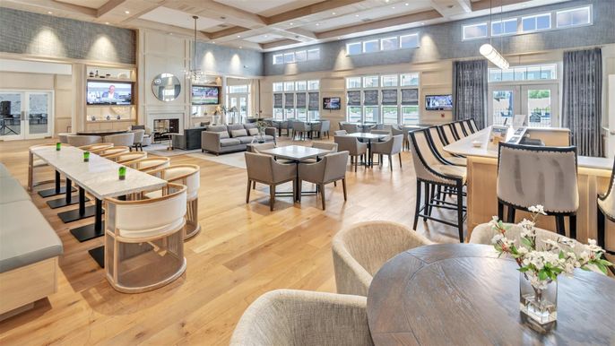 Dining room, Fireplace, Interior, Living room, Pendant Lights, Recessed Lighting, Wood Texture Flooring