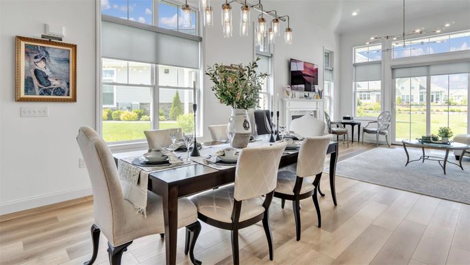 Dining room, Fireplace, Interior, Pendant Lights, Recessed Lighting, Wood Texture Flooring
