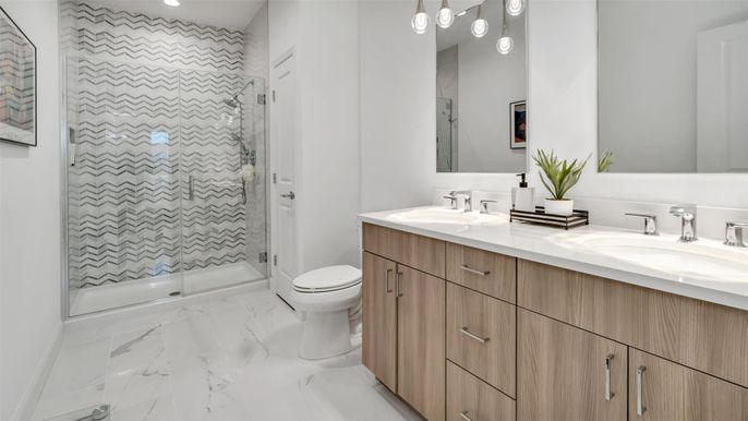 Bathroom, Dual Sink Vanities, Glass Shower, Interior, Marble, Recessed Lighting