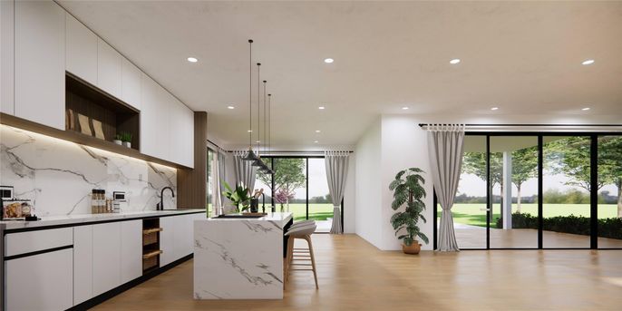 Interior, Kitchen, Marble Walls, Pendant Lights, Recessed Lighting, Wood Texture Flooring