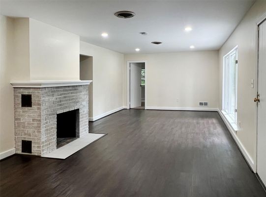 Empty room, Fireplace, Interior, Recessed Lighting, Wood Texture Flooring