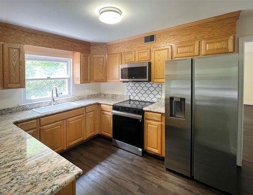Interior, Kitchen, Tile Countertops, Wood Texture Flooring
