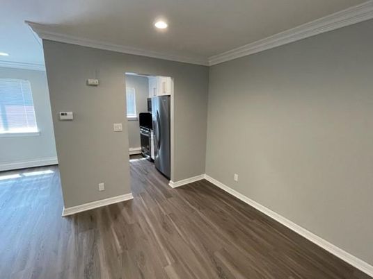 Empty room, Interior, Kitchen, Recessed Lighting, Wood Texture Flooring