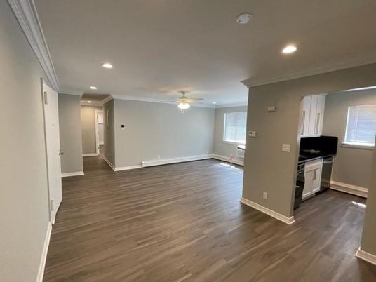 Empty room, Interior, Kitchen, Recessed Lighting, Wood Texture Flooring