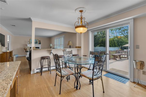 Dining room, Interior, Pendant Lights, Wood Texture Flooring