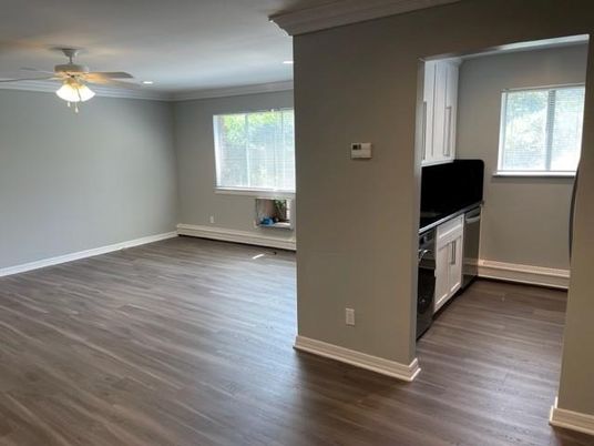 Empty room, Interior, Kitchen, Recessed Lighting, Wood Texture Flooring