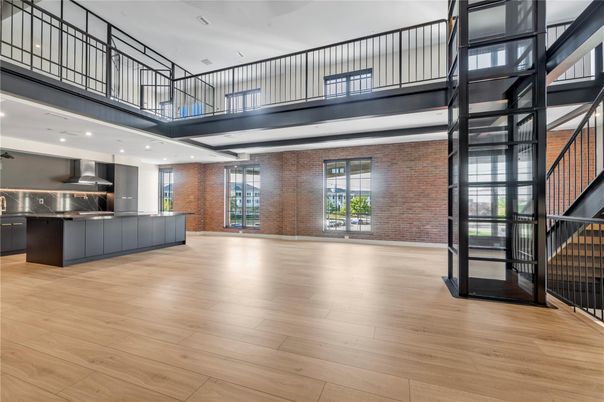 Interior, Kitchen, Recessed Lighting, Stainless Steel Appliances, Stone Walls, Wood Texture Flooring