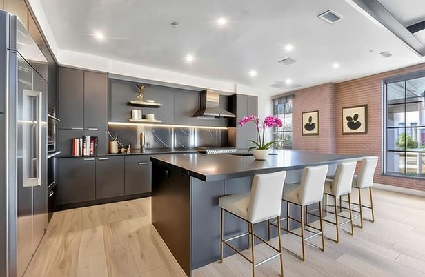 Interior, Kitchen, Recessed Lighting, Stainless Steel Appliances, Stone Walls, Wood Texture Flooring