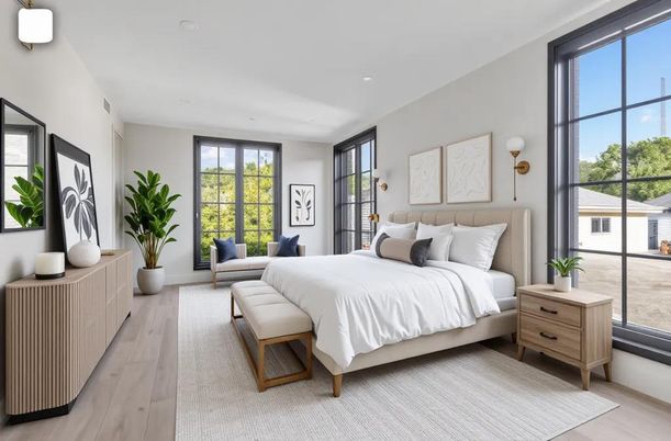 Bedroom, Interior, Recessed Lighting, Wood Texture Flooring