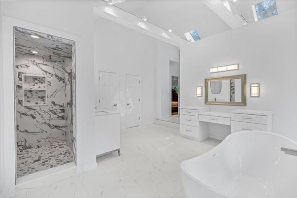 Bathroom, Dual Sink Vanities, Free Standing Baths, Interior, Marble, Marble Walls, Recessed Lighting