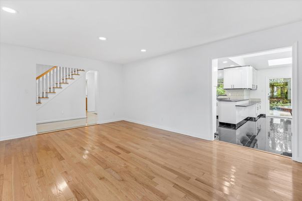 Empty room, Interior, Kitchen, Recessed Lighting, Wood Texture Flooring