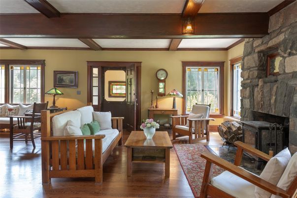 Dining room, Fireplace, Interior, Living room, Stone Walls, Wooden Beams, Wood Texture Flooring