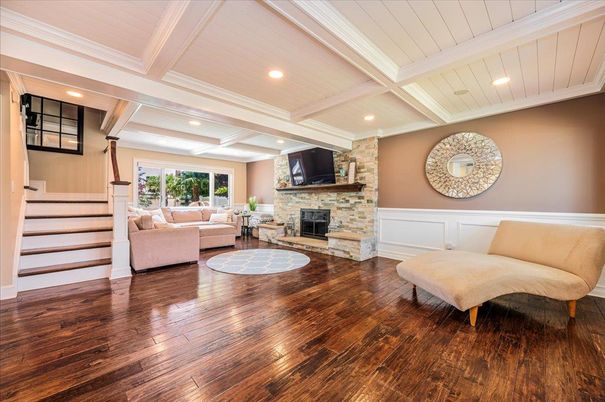 Fireplace, Interior, Living room, Recessed Lighting, Wood Texture Flooring