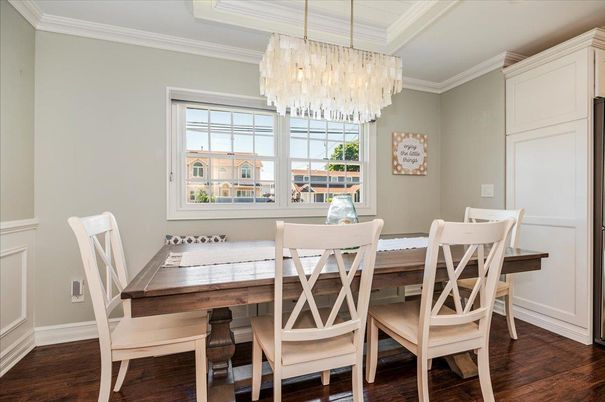 Chandelier, Dining room, Interior, Wood Texture Flooring