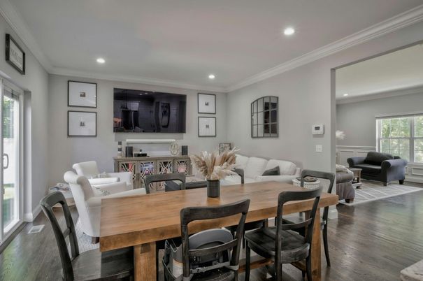 Dining room, Interior, Living room, Recessed Lighting, Wood Texture Flooring