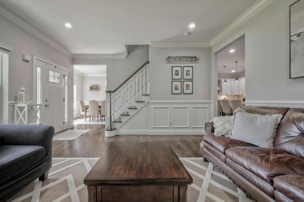 Dining room, Interior, Living room, Recessed Lighting, Wood Texture Flooring