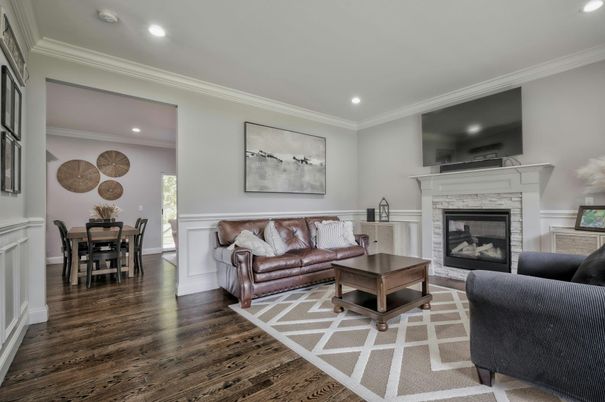 Dining room, Fireplace, Interior, Living room, Recessed Lighting, Wood Texture Flooring
