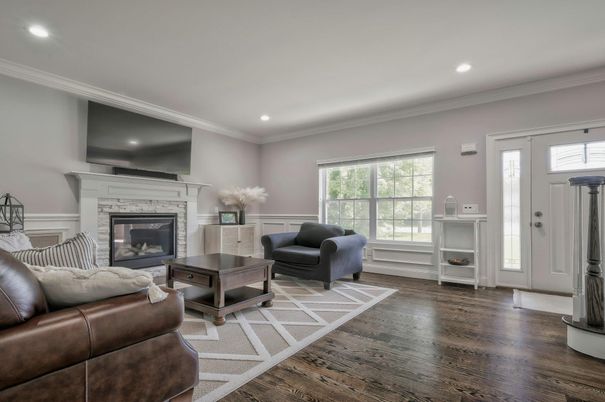 Fireplace, Interior, Living room, Recessed Lighting, Wood Texture Flooring