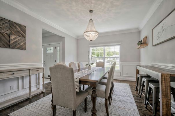 Chandelier, Dining room, Interior, Wood Texture Flooring