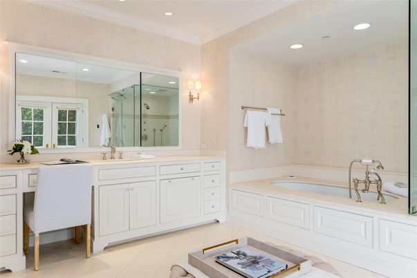 Bathroom, Dual Sink Vanities, Glass Shower, Interior, Recessed Lighting