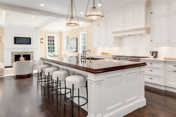 Fireplace, Interior, Kitchen, Living room, Pendant Lights, Recessed Lighting, Wood Texture Flooring