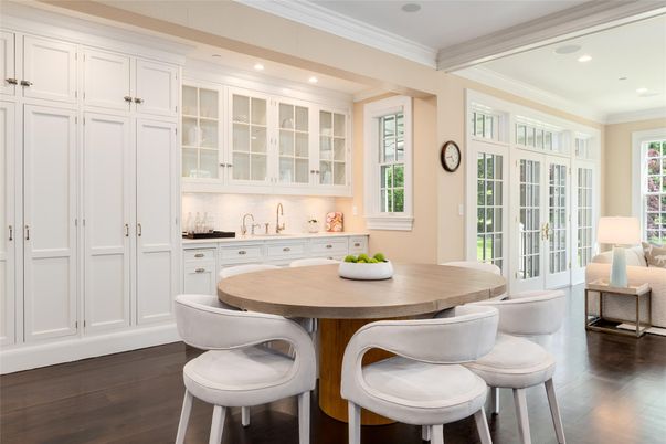 Dining room, Interior, Recessed Lighting, Wood Texture Flooring
