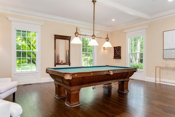 Billiard Table, Game Room, Interior, Pendant Lights, Recessed Lighting, Wood Texture Flooring