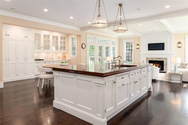 Dining room, Fireplace, Interior, Kitchen, Living room, Pendant Lights, Recessed Lighting, Wood Texture Flooring
