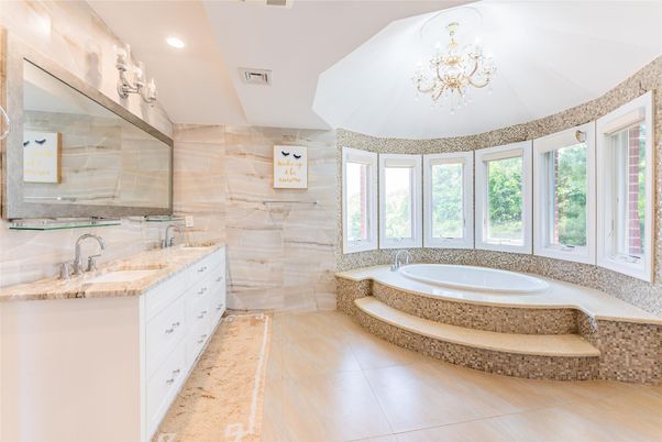 Bathroom, Chandelier, Dual Sink Vanities, Interior, Recessed Lighting