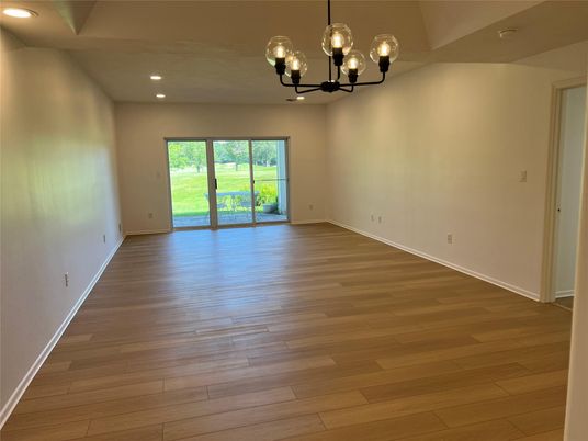 Chandelier, Empty room, Interior, Recessed Lighting, Wood Texture Flooring