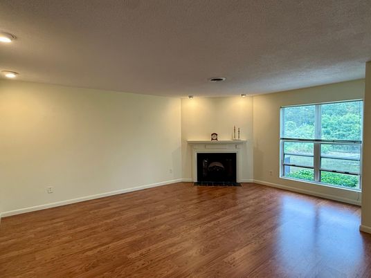 Empty room, Fireplace, Interior, Recessed Lighting, Wood Texture Flooring