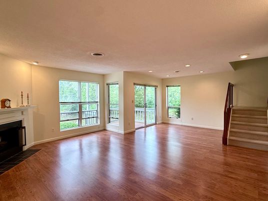 Empty room, Fireplace, Interior, Recessed Lighting, Wood Texture Flooring